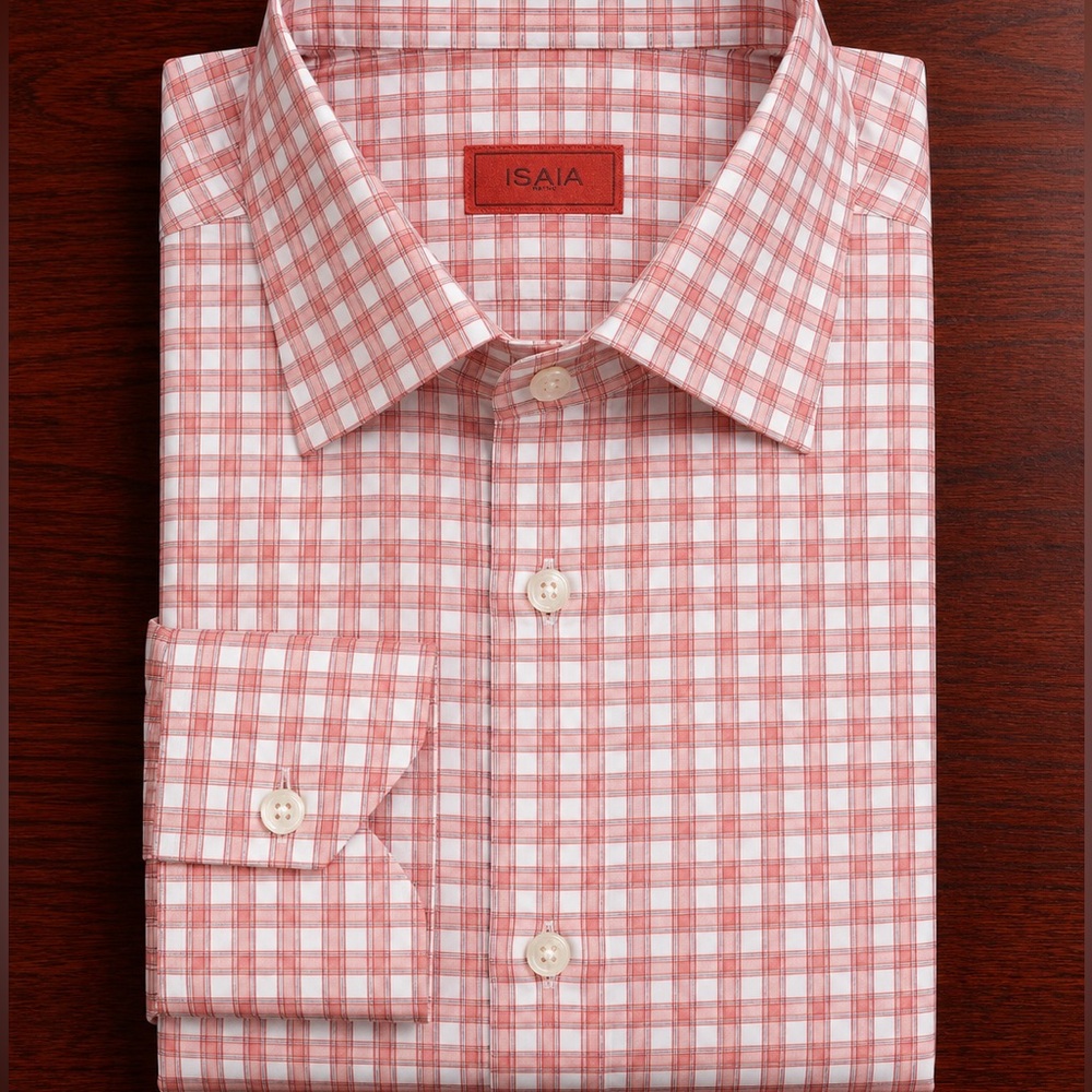 Isaia Pink and White Plaid Cotton Dress Shirt